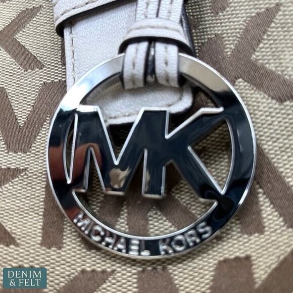 Michael Kors MK Logo Canvas Satchel with Cream Leather Trim & Charm Tote Bag - Picture 14 of 16